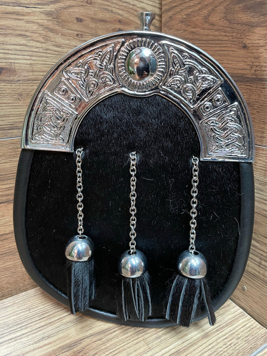 Black Cowhide Sporran with Celtic embossed Chrome Closure and Tassels