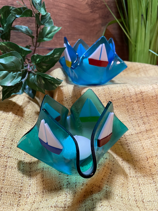 Glass Tea Candle Holders with Sailboats