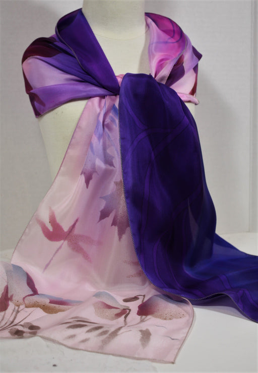 Purple and Violet Scarf with Flower and Maple Leaf Motifs