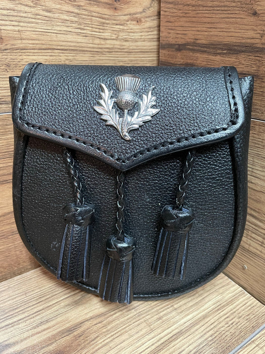 Leather Sporran with a chrome thistle and 3 Woven Tassels