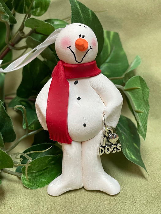 I Love Dogs Snowman Ornament