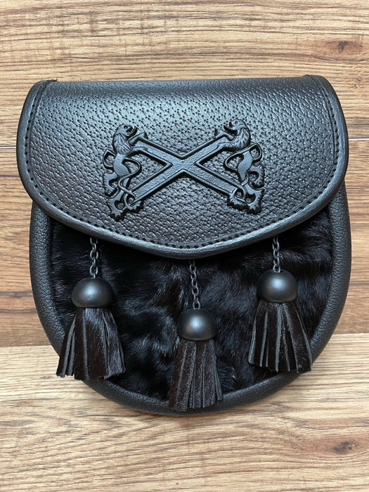 Leather Sporran with 3 chain Tassels and Lion emblem